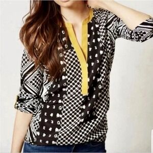 Anthropologie Tiny Zambie Geometric Print Roll Tab Sleeve Tunic Top Size Medium